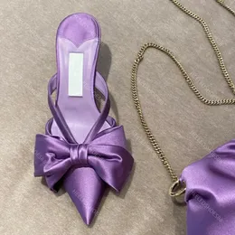 Tasarımcılar sandaletler elbise ayakkabıları kadın terlikleri moda yay saten rhinestone yavru kedi topuk terlik en kaliteli makara topuk 6.0cm yüksekte topuklu ayakkabı 35-42 sandal