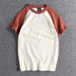 Summer American Retro Shortsleeved Oneck Raglan Sleeve Tshirt Mens Fashion Simple 100 Cotton Washed Casual Sport Tops 240315