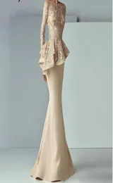 Champagne Mermaid Evening Dresses Gown Long Sleeves Lace Peplum abiye Robe De Soiree Elegant Formal pageant Dress6455557