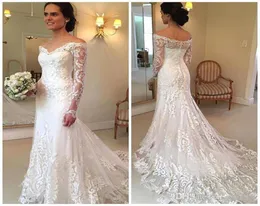 2019 Long Sleeves Modest Mermaid Wedding Dresses Lace Appliqued Fishtail Offshoulder Country Bridal Gowns Custom Made Cheap Weddi6553620