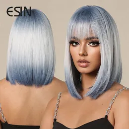 Chignon ESIN Synthetic Medium Long Straight Blue Mixed White Wig with Bangs Hair Bob Wigs for Women Heat Resistant Natural Daily Usage