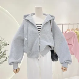 Hoodies femininos duplo zíper com capuz moletom 2024 primavera coreano casual versátil cor sólida curto moda cardigan jaqueta