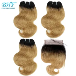 Weaves Human Hair Body Wave 3 Bundles With Closure Brazilian Remy Blonde Short Bob Wig Style 50g per bundle 100% Natural Human Hair
