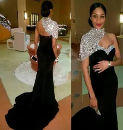 Dubai 2018 Elegant Black Mermaid Prom Dresses High Neck Peaded Rhinestone Backless Sweep Train Formella kvällsfestklänningar bär Che1962066