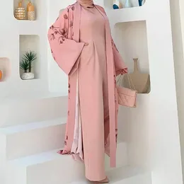 Etniska kläder Elegant blommig muslimsk uppsättning för kvinnor Ramadan Dubai Abaya aftonklänning Islamiska femme festkläder Eid Lady Coat Jumpsuit