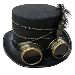 Berets Steampunk Zylinder Wollfilz viktorianisch mit Brille Feder Unisex Kostüm Gothic Hippies Cosplay Requisiten