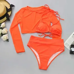 Women's Swimwear Sexy Neon Orange Bikini 2023 Womens Long sleeved Mesh Eye Mask 3-piece Swimwear High Cut Push Up Swimwear J240319