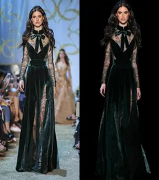 Elie Saab 2019 Velvet Prom Dresses High Neck Long Sleeve Billiga formella aftonklänningar Split Lace Appliced ​​A Line Party Dress2837355