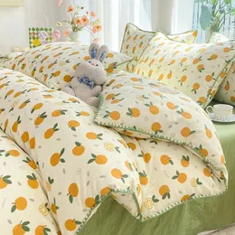 Bettwäsche-Sets, niedliche orange Ins-Blumen-Bettbezug, Bettlaken, weiche gewaschene Baumwolle für Mädchen, Einzelbett-Tagesdecke