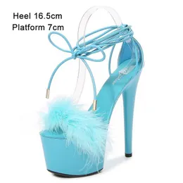 Dress Shoes Shuzumiao Waterproof Platform Sandals 2021 Summer New Women Fur Cross straps High Heels 16.5cm Stiletto Model Catwalk ShoeYUZV H240321