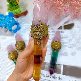 Dekorativa figurer Rose Quartz Flame Fluorite Point Witchcraft Decor Inspired Pink Crystal Torch Rainbow Yellow Gemstone Wand Power Magic