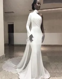2019 African White High Neck Satin Mermaid Long Evening Dresses One Shoulder Ruched Sweep Train Formell Party Red Carpet Prom Gowns3922680