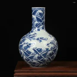 Vasos de alta qualidade antigo artesanato azul e branco porcelana escultura mar água dragão céu jingdezhen vaso cerâmica decoração