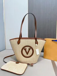 24SS Women's Luxury Designer Woven Bucket Bag Summer Sun Straw Bag Beach Bag Women's Tote Shoulder Bag Shopping Bag With Zipper Coin Purse Refreshing Art Style 45CM