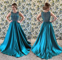 Teal Green Aline Prom Dresses 2019 Sexy Jewel Satin Long With Sparkly Crystals Beaded Bodice Occasion Evening Gown från Wear7472630