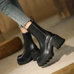 Stövlar 2022 Nya fyrkantiga Highheel Women's Boots Kvinnliga tjocka sulor runda tå midcalf stövlar avslappnade damer mjuka läder blandade färgstövlar