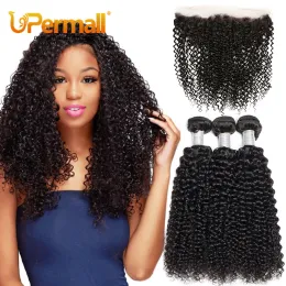 Zamknięcie Upermall 2/3/4 Kinky Curly Human Hair Bundles z czołowym HD przezroczystym 13x4 Brazylijskim splotem Jerry'ego i Frontals Soft 10a