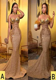 2021 Plus Size Arabic Aso Ebi Gold Luxurious Mermaid Prom Dresses Crystals Beaded Feather Evening Formal Party Second Reception Go1328196