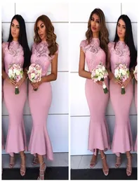 New Mermaid Baby Pink Bridesmaid Dresses Jewel Lace Applique Illusion Cap Sleeves High Low Tea Length Satin For Wedding Maid of Ho9242012