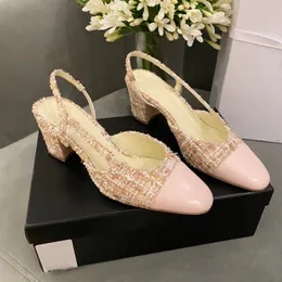 Verklig läder toppkvalitet Slingback Sandaler Chunky High Heels 8 färger tillgängliga lyxiga kvinnor Ballerinas Sandaler Ladies Party Wedding With Box