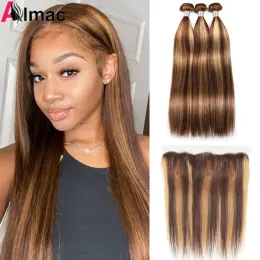Closure Highlight P4/27 Straight Human Hair Bundles With 13x4 HD Lace Frontal Piano Color Raw Indian Remy Hair Extention 220g/Set