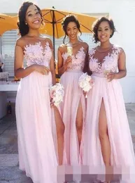 2019 Blush Pink Long Bridesmaid Dresses Chiffon Lace Aphted Floiqued High Slits Maid of Honor Prom Gowns Wedding Guest Dres9117739