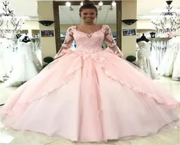 Designer Long Sleeves Ball Gown Quinceanera Dresses Train Lace Appliques Beads Tulle Princess Birthday Party Gowns Sweet 16 Dress 5452422