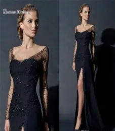 2021 Black High Split Sheath Evening Dresses Long Sleeves Lace Sequines Evening Gowns Celebrity Party Prom Dress7430545