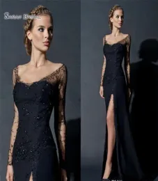 2021 Black High Split Sheath aftonklänningar Långa ärmar spets sequines aftonklänningar Celebrity Party prom klänning7430545