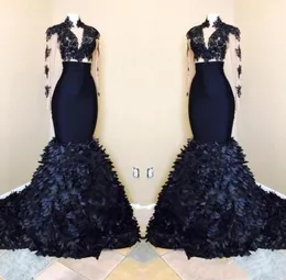 Gorgeous Mermaid Long Sleeves Prom Dresses 2019 African Navy Blue High Neck Evening Gowns With Layers Ruffle Skirts53594099706006