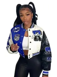 Frauen Mantel Casual Brief Drucken Patchwork Baseball Uniform Jacke Rundhals Taste Herbst Mantel Herbst Winter Kurze 240312