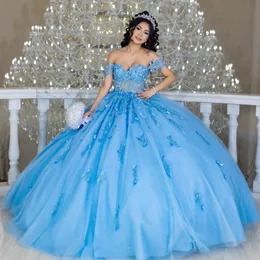 Sky Blue Shiny Princess QuinCeanera Dresses 2024 Floral Appliques Lace-Up Corset Off Shoulder Prom Vestidos DE 15 ANOS