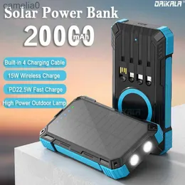 Mobiltelefon Power Banks New 5V 20000MAH Portable Wireless Fast Charger 3A Externt batteri med inbyggd kabel och utomhus ficklampa Solar Battery Packc24320