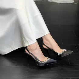 658 Dress Shoes Rhinestone V-neck Black Pointed Toe High Heels Satin Stiletto Strap French Style Pumps Back White Wedding Women 26681