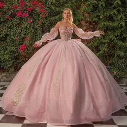 Pink Quinceanera Dress Glitter Mexican Vestido de 15 Anos Applique Lace Beading Sweet Sweet 16 생일 파티 드레스 미인 대회
