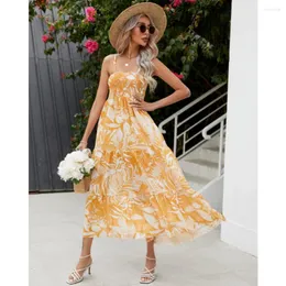 Casual Dresses 2024 Women Summer Fashion Chic Shirring Bust Sleeveless Print Spaghetti Strap Slim Long Maxi Dress Beach BOHO