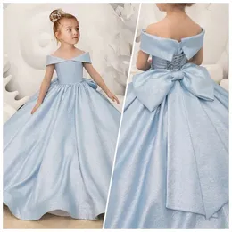 Luz azul flor menina vestidos simples arco elegante princesa cetim vestido de baile para crianças festa aniversário primeira comunhão vestido 240309