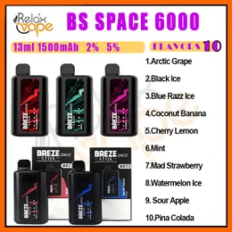 Original BREZE STIIK SPACE 6000 puff Disposable E Cigarettes Non-rechargeable 1500mAh13ml 2%or 5% strength 5 LED indicators keep track of device'sbatter Vapes