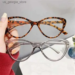 Solglasögon Solglasögon 2024 Trending Women Anti Blue Rays Glasses Retro Cat Eye Leopard Print Transparent Frame Vision Care Computer Goggles Eyeglasses Y240320