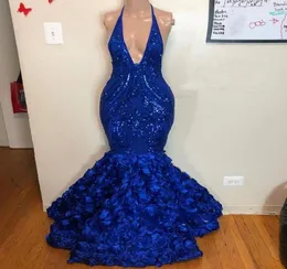 Royal Blue Mermaid Prom Dresses Long Halter Deep V Neck Shinning Lace Appliciques Evening Dress Backless Rose Train Party Gowns 6684311