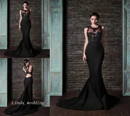 Rami Kadi Black Nude Back Prom Dress Crew Neckline Lace Appiques 투명한 상단 인어 새틴 코트 기차 긴 저녁 드레스 6724332