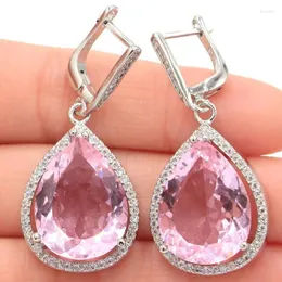 Dingle örhängen 43x19mm stora europeiska design smycken set 17g skapade rosa kunzite vit cz kvinnor dating silver hänge iögonfallande