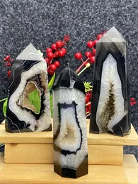 Decorative Figurines Natural Stone Black Agate Geode Obelisk Reiki Healing Crystal Wand Feng Shui Wizard Worship Home Decor Holiday Gifts