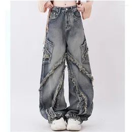 Jeans femininos perna larga mulheres calças jeans emendadas áspero selvedge y2k vintage lace-up streetwear moda calças