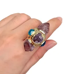 Yygem Natural Purple Amethyst Point Druzy Rough Blue Crystal Ring Gold Plated Justerable Gems Ring 240305