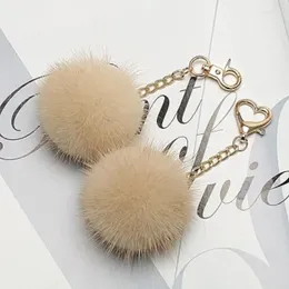 Keychains Mini Real Ball PomPom 9 Colors Genuine Keychain Heart Shape Metal Key Ring Pendant Bag Charm Women X180