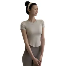 Lu designer yoga sênior feminino verão estiramento dividir perda de peso correndo roupas casuais treinamento rápido seco esportes ao ar livre camiseta 2024