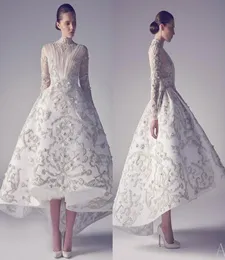 Ashi Studio Couture Evening Dreess Lace 3D Floral Applique Bead High Collar High Low Prom Dress Long Sleeve Custom PA7493864