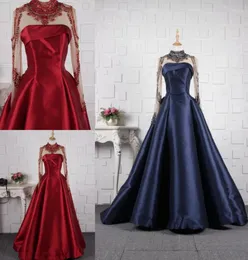 Vinage Arabric High Neck Long Sleeves Illusion Ball Gown Evening Formal Dress Gowns for Women Plus size Navy Burgundy Satin Hollow4576897