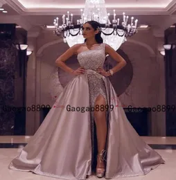 2020 luxury Arabic prom Dress sexy high split shinning sparkly beaded sequined one shoulder with detachable train Formal Prom Even5408657